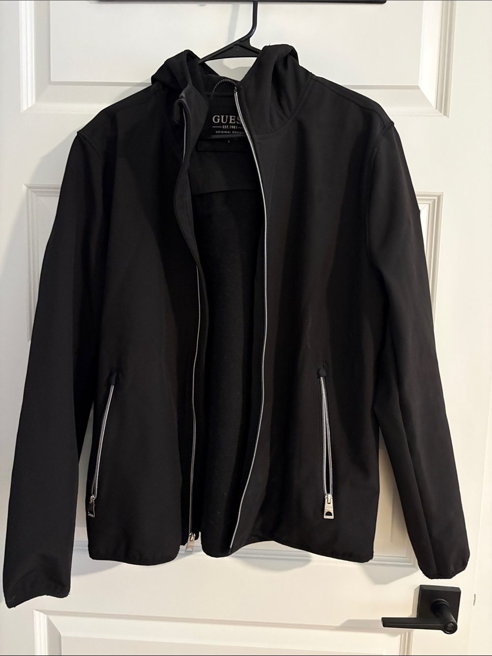 GUESS Black Hooded Zip Jacket with Silver Hardware